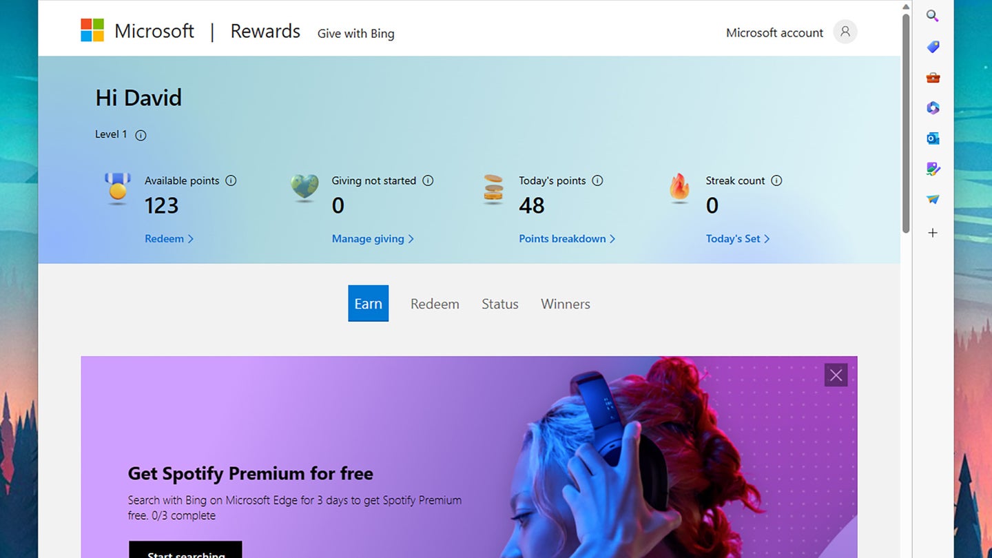 The Microsoft Rewards dashboard shows how many points you've earned.