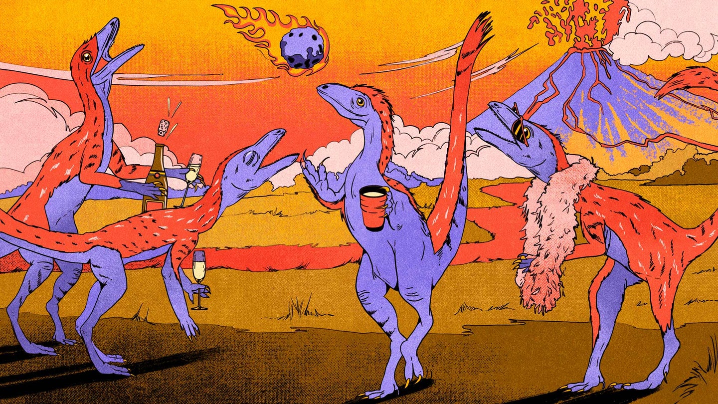 Small feathered dinosaurs Kongonaphon kely partying with champagne in front of an erupting volcano and fiery asteroid during the Triassic mass extinction. Illustrated in orange, purple, and yellow.
