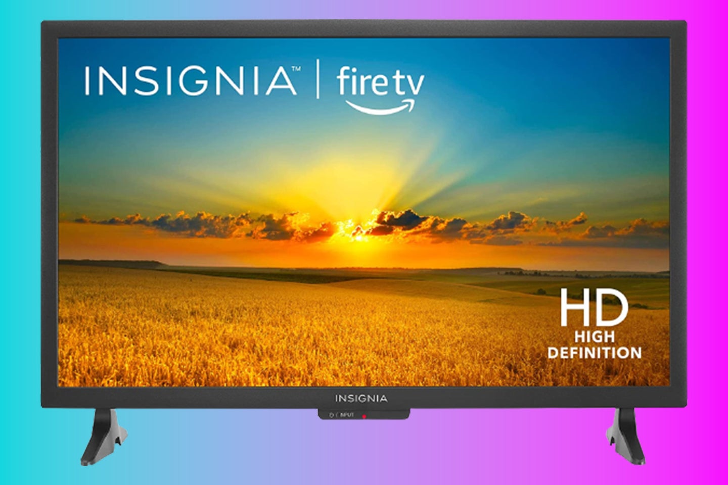 An Insignia Fire TV on a pink and blue background