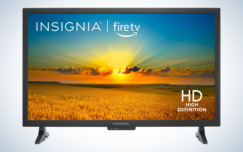 An Insignia TV on a blue and white background