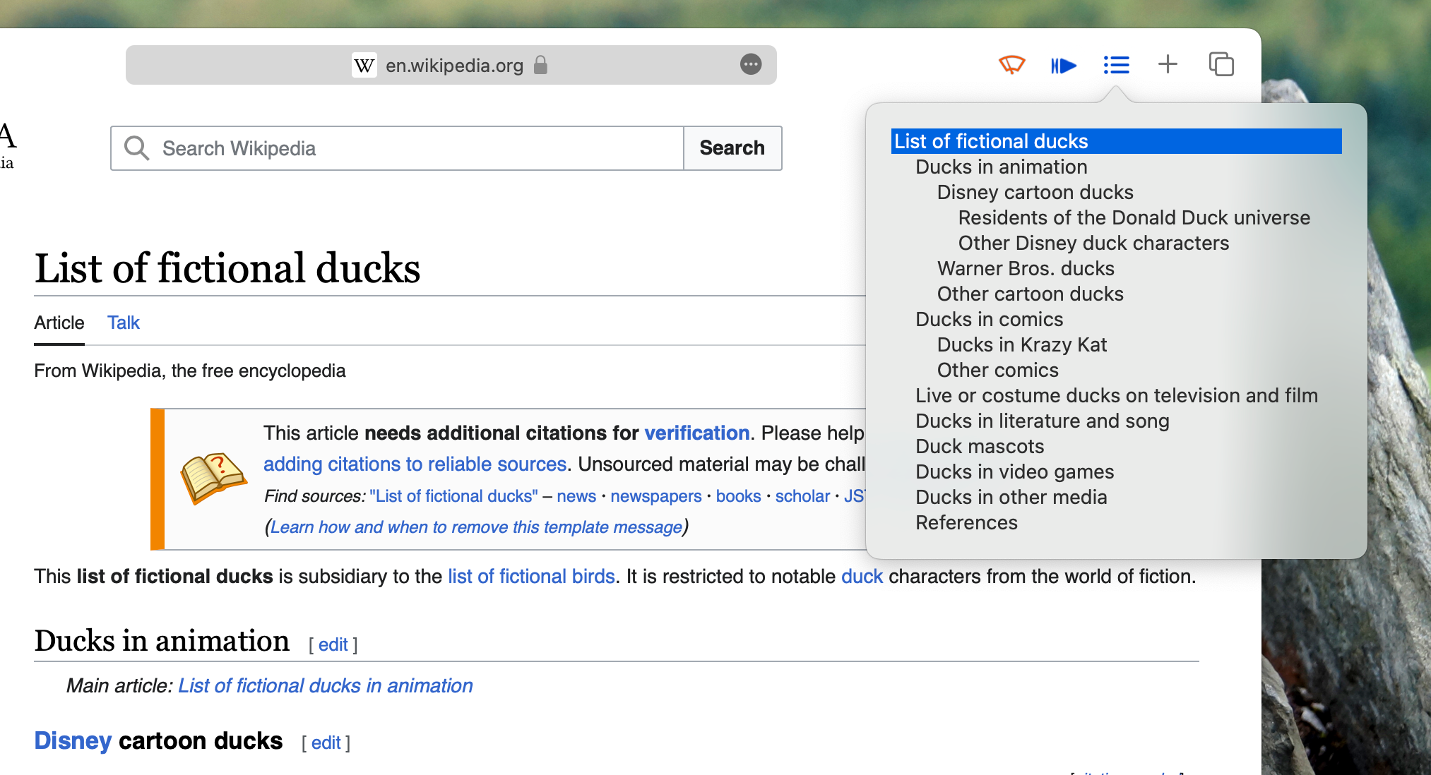 The Wikipedia article listing fictional ducks, featuring a table of contents created by the Table of Contents browser extension for Safari.