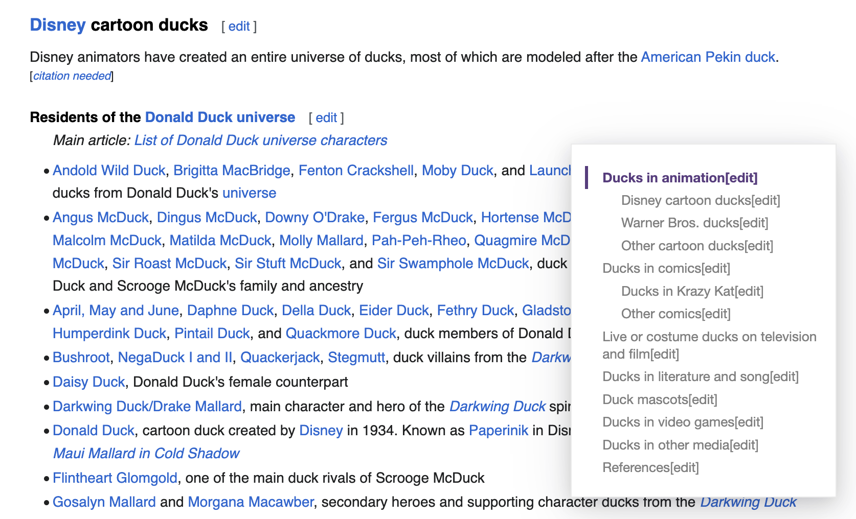 The Wikipedia list of fictional ducks in Disney's Donald Duck universe, with a table of contents created by the Smart TOC browser extension.