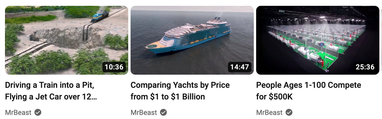 Three MrBeast YouTube video thumbnails with his chosen thumbnails removed and replaced with stills from the video by the DeArrow browser extension.