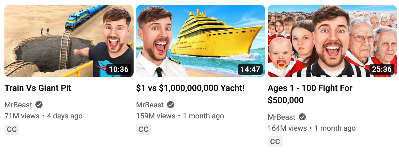 Three thumbnails from the YouTuber MrBeast's YouTube page, showing his exaggerated smile on each one, an expression known as YouTube face.