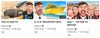 Three thumbnails from the YouTuber MrBeast's YouTube page, showing his exaggerated smile on each one, an expression known as YouTube face.