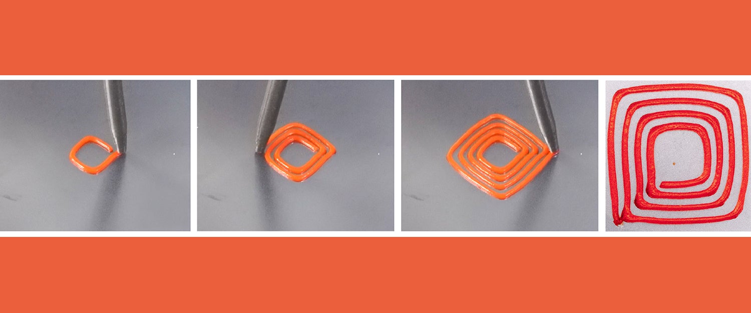 Tube-like gray robot draws different shaped with orange bio-ink