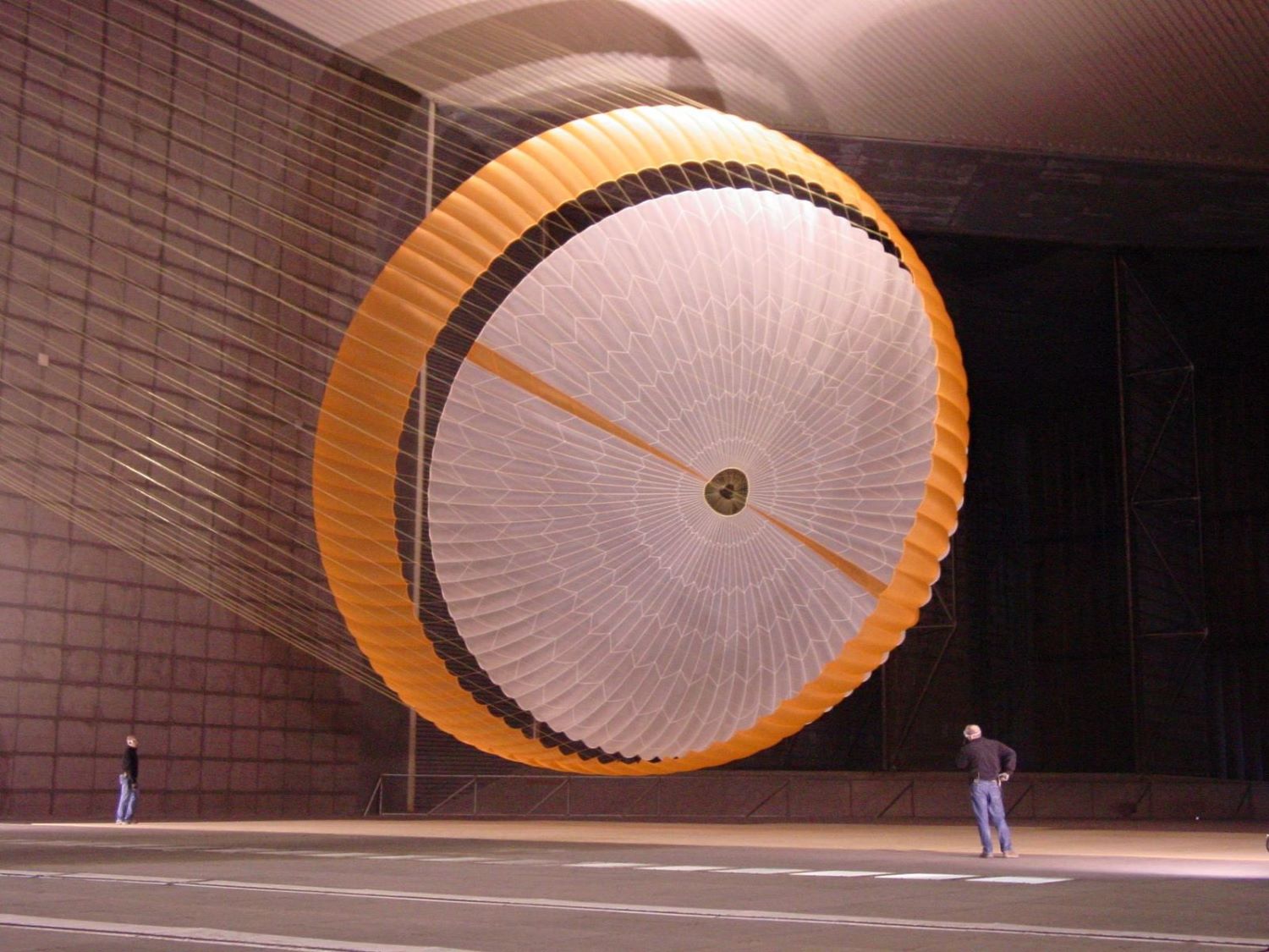 A wind tunnel tests a NASA parachute concept in 2007.