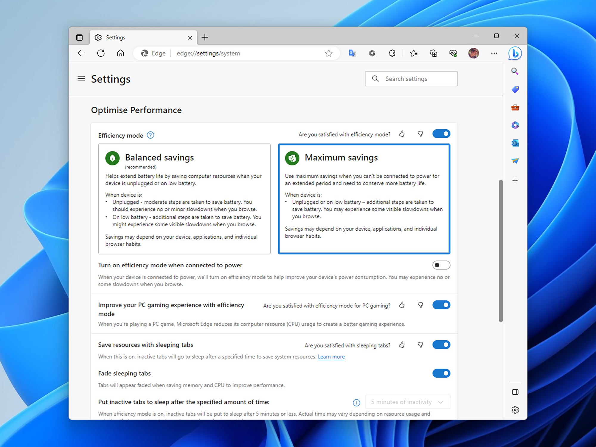 The Efficiency mode settings in Microsoft Edge, showing the options for balanced savings and maximum savings.
