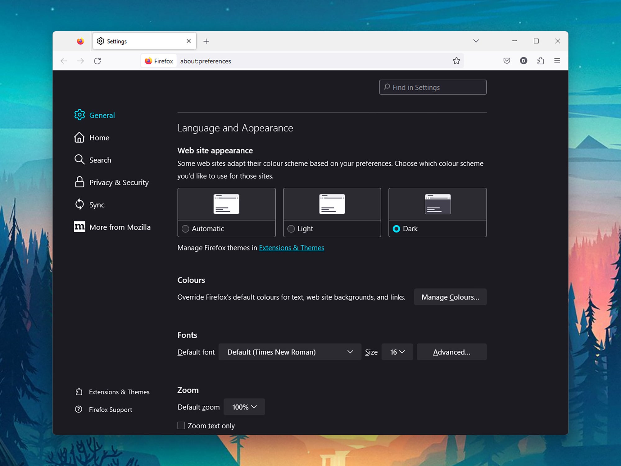 The appearance settings in Mozilla Firefox, showing the dark mode setting.