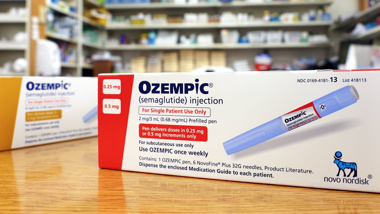 boxes of the diabetes drug Ozempic rest on a pharmacy counter