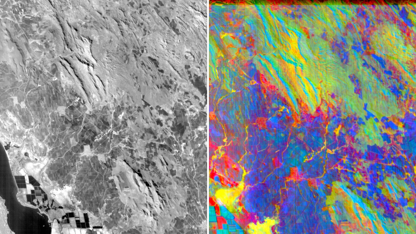 hyperspectral imagery next to black and white imagery