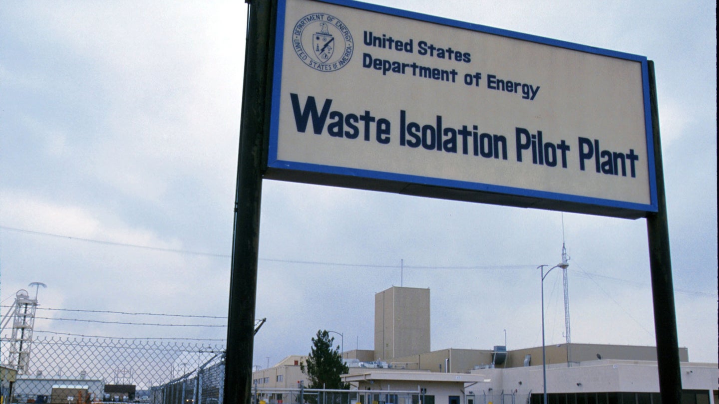 Waste Isolation Pilot Plant facility sign on cloudy day in New Mexico