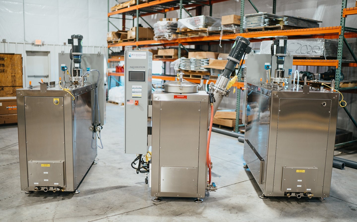 Three alkaline hydrolysis machines for pet remains at the Bio-Response manufacturing facility