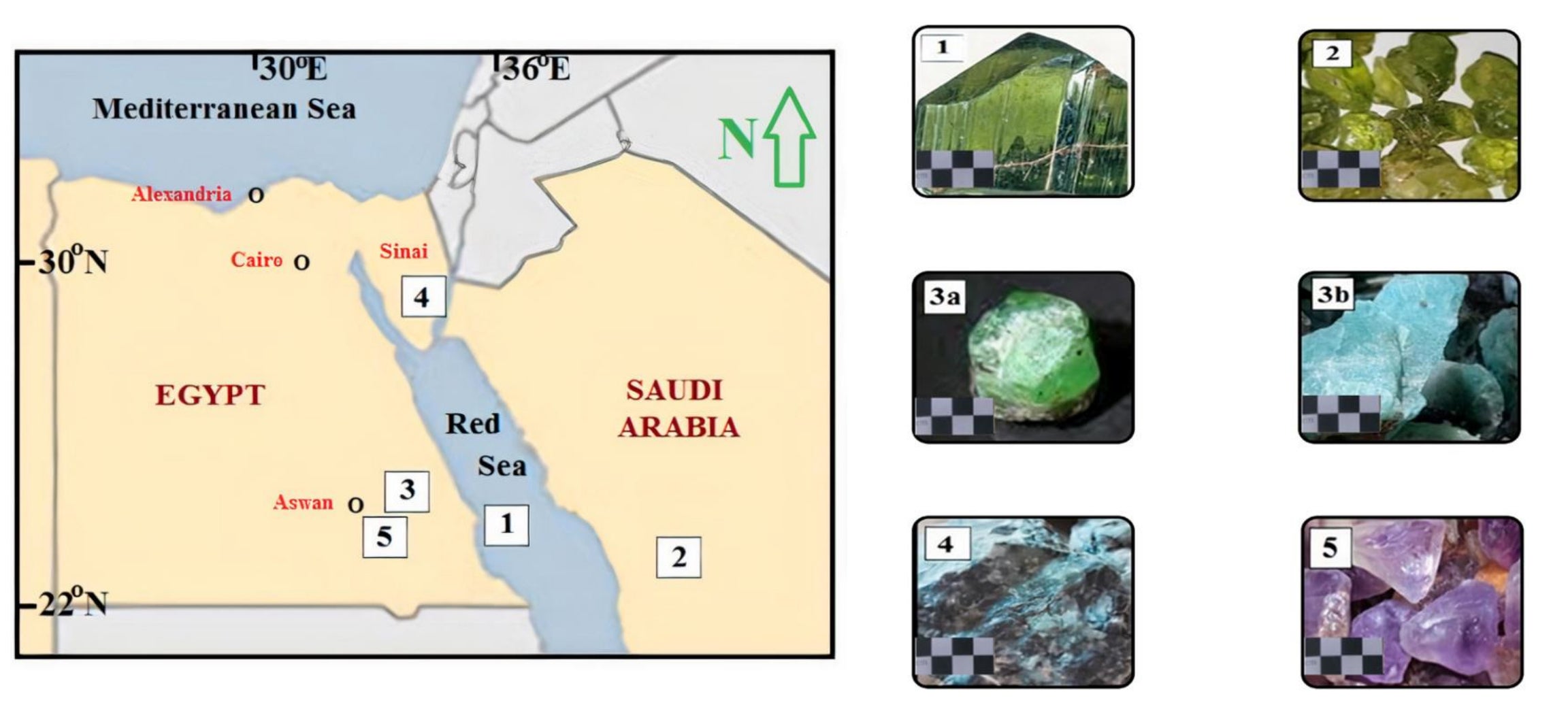 Locations of the investigated gem minerals from Egypt and Saudi Arabia. Scaled photos of colored gem minerals are given. For all, field of view (FOV) = 4 cm. (1) Peridot, Zabargad (St. Johnâs), off the Egyptian Red Sea coast. (2) Peridot from Harrat Kishb (volcanic field), Saudi Arabia. (3a) Emerald and (3b) Amazonite, Wadi Sikait, Wadi El-Gemal area, Eastern Desert, Egypt. (4) Low-grade emerald (beryl), Wadi Ghazala, Sinai Peninsula, Egypt. (5) Amethyst, Aswan area, Eastern Desert, Egypt. CREDIT: Khedr et al.