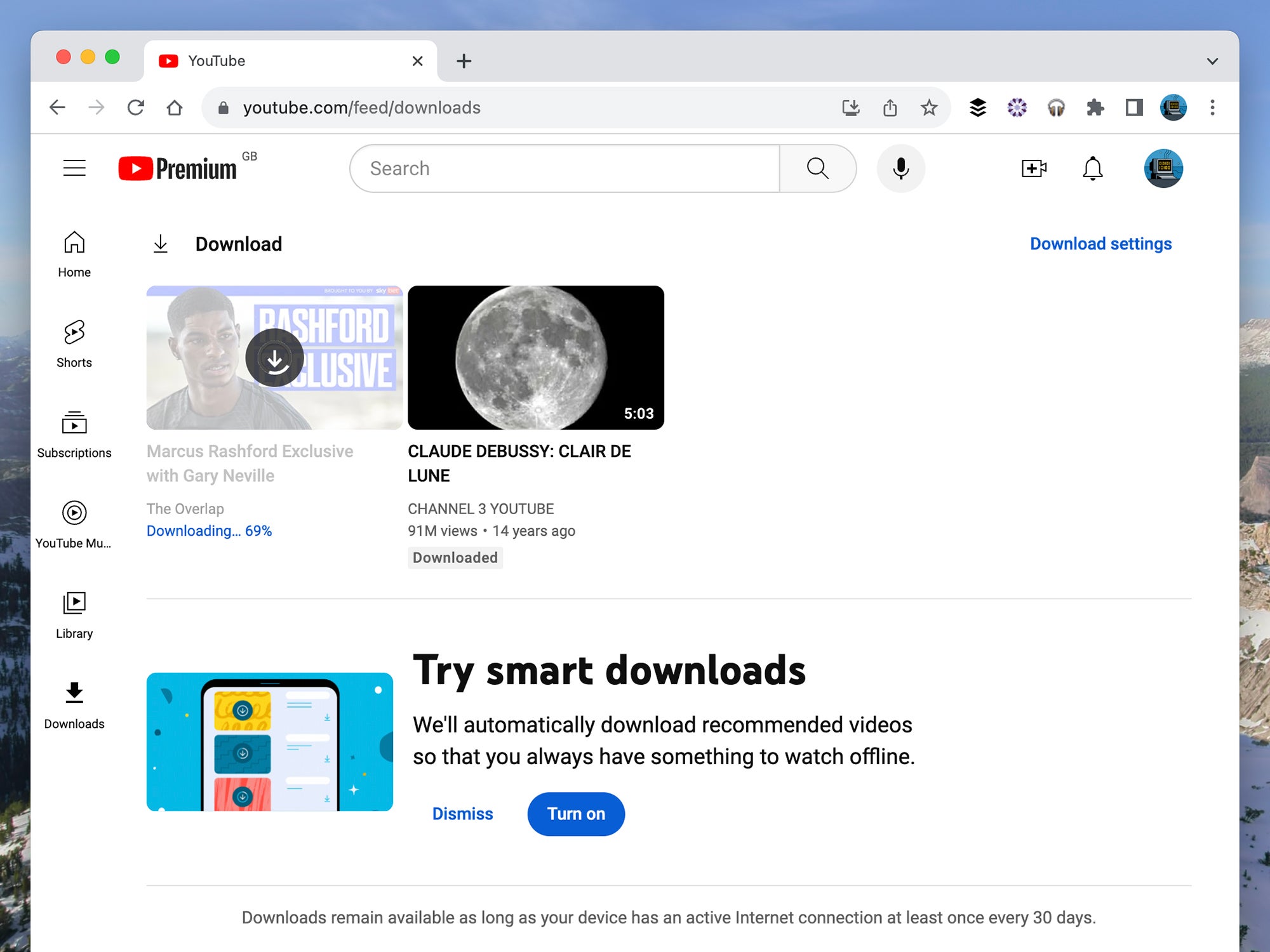 The YouTube Premium downloads page on Google Chrome for desktop.