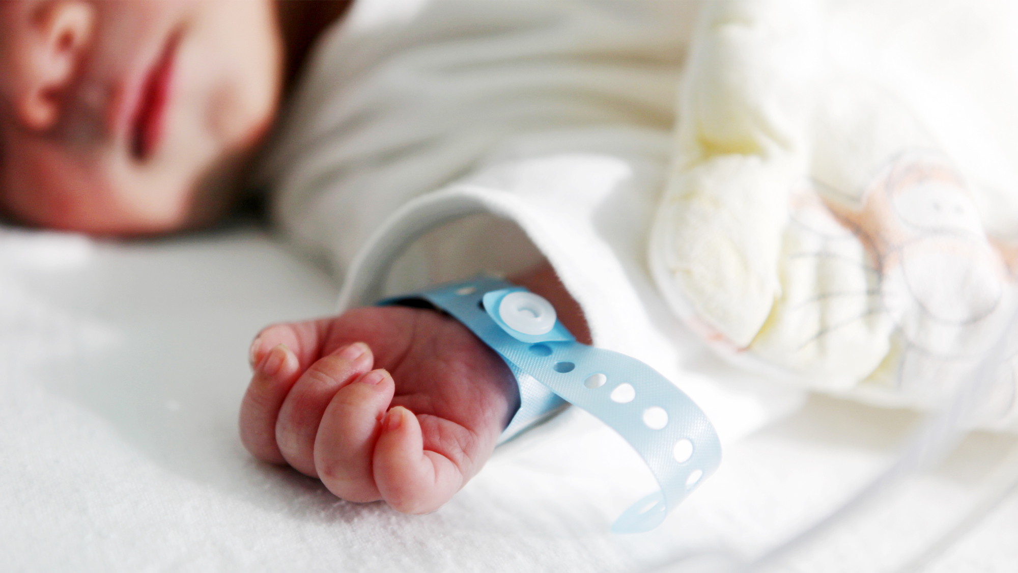 A newborn baby's hand with a hospital bracelet around his or her wrist. RSV sends about 58,000 children under five to the hospital, and kills 100 to 300 infants every year in the United States.