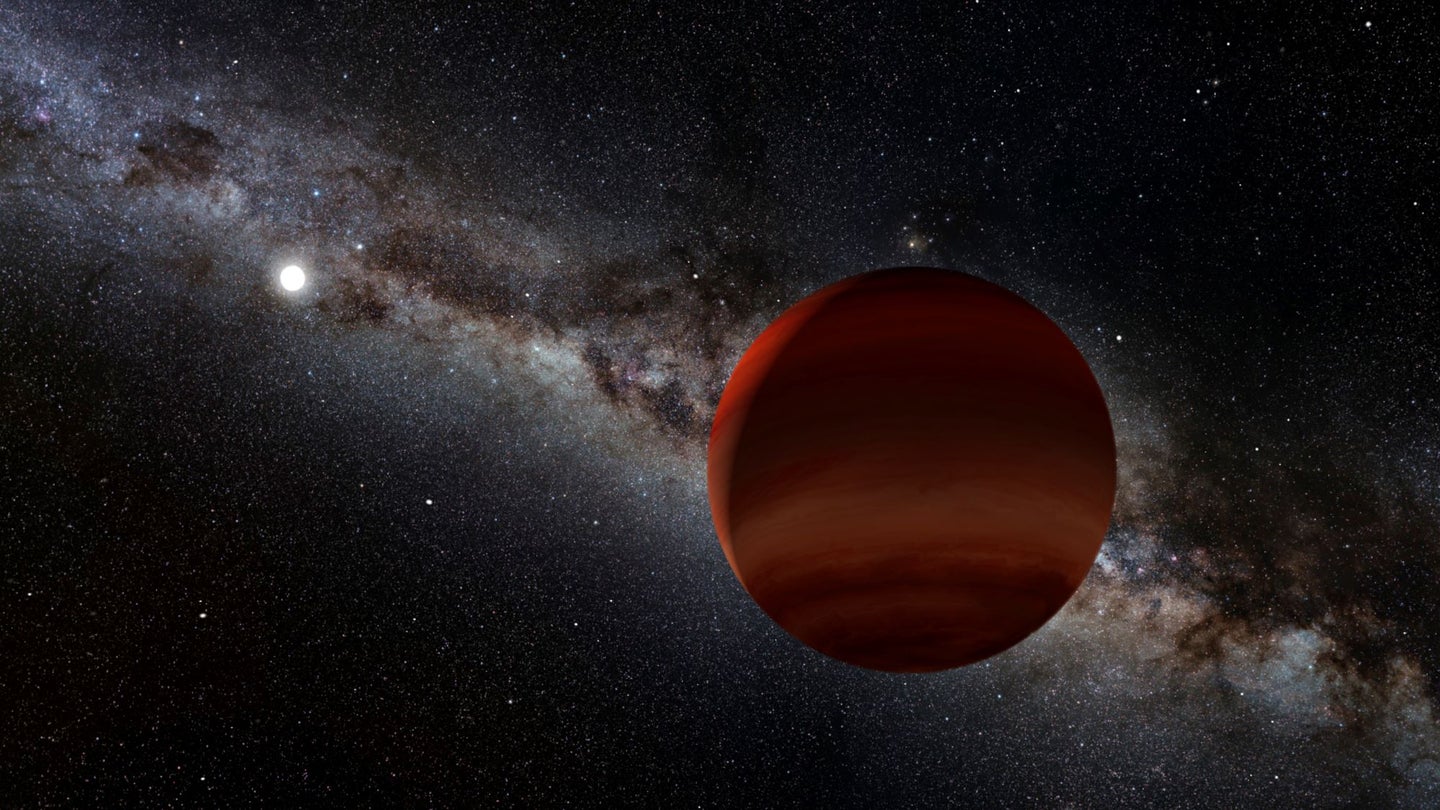 An illustration of a brown dwarf and a hotter star, in white.