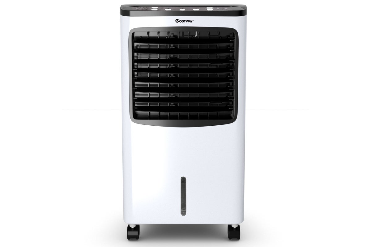 A white portable AC against a white background