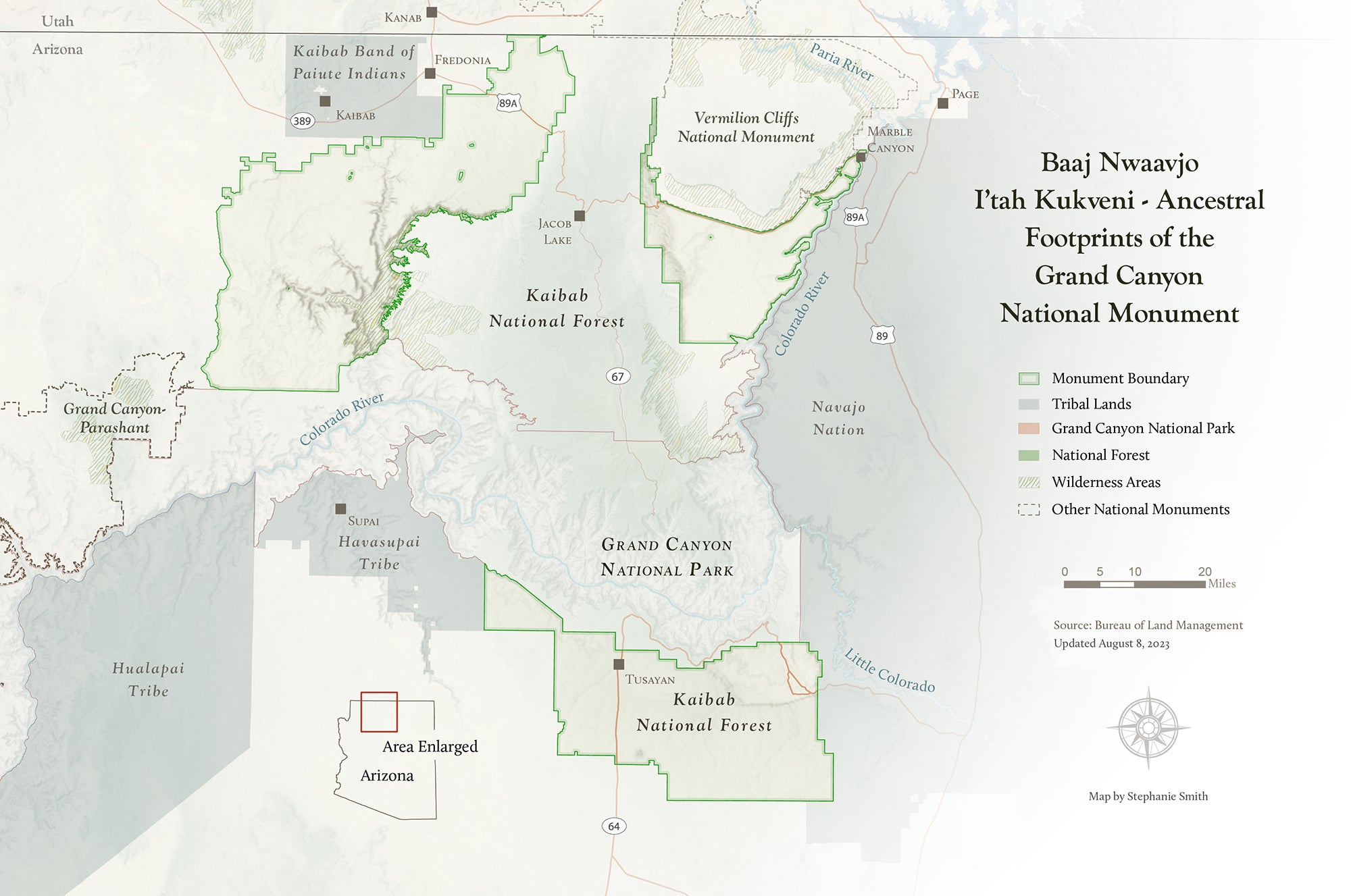 A map of Baaj Nwaavjo I'tah Kukveni â€“ Ancestral Footprints of the Grand Canyon National Monument. CREDIT: Bureau of Land Management/Grand Canyon Trust. Map by Stephanie Smith.