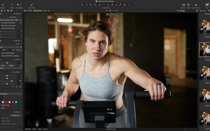 Capture One Pro editing sofware with a picture of a woman on an assault bike in the window