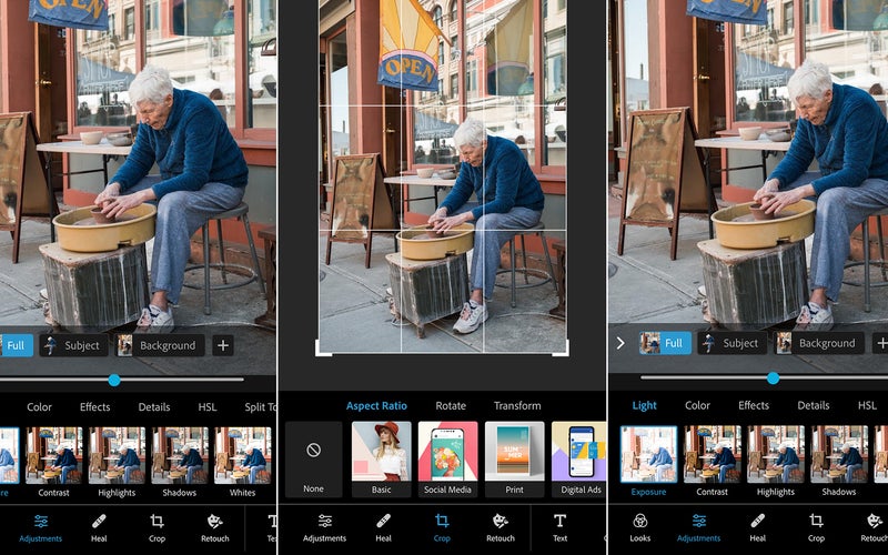 Multiple screenshots of the Adobe Photoshop Express image editing app