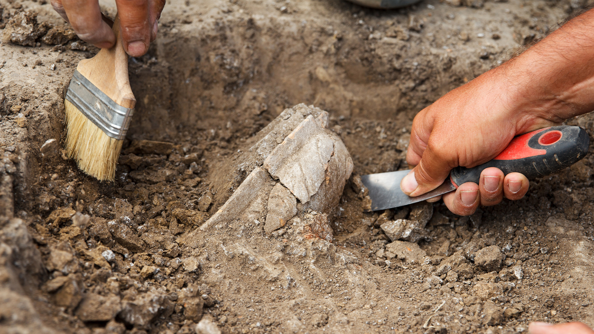 Archaeologists dig in the dirt with a brush and scraper.
