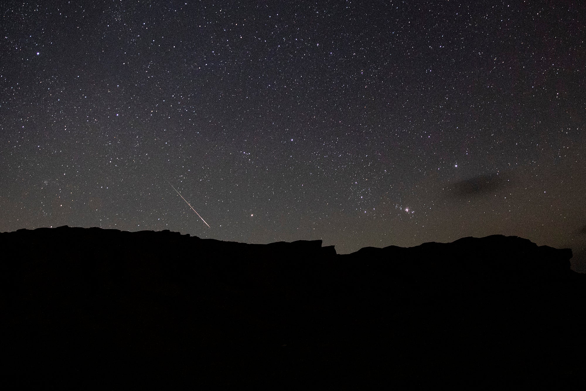 12 August 2023, Egypt, Faiyum: A Picture taken on 12 August shows the Perseid meteor shower over the natural reserve area of Wadi Al-Hitan (Valley of the Whales) at the desert of Al Fayoum Governorate. Photo: Gehad Hamdy/dpa (Photo by Gehad Hamdy/picture alliance via Getty Images)
