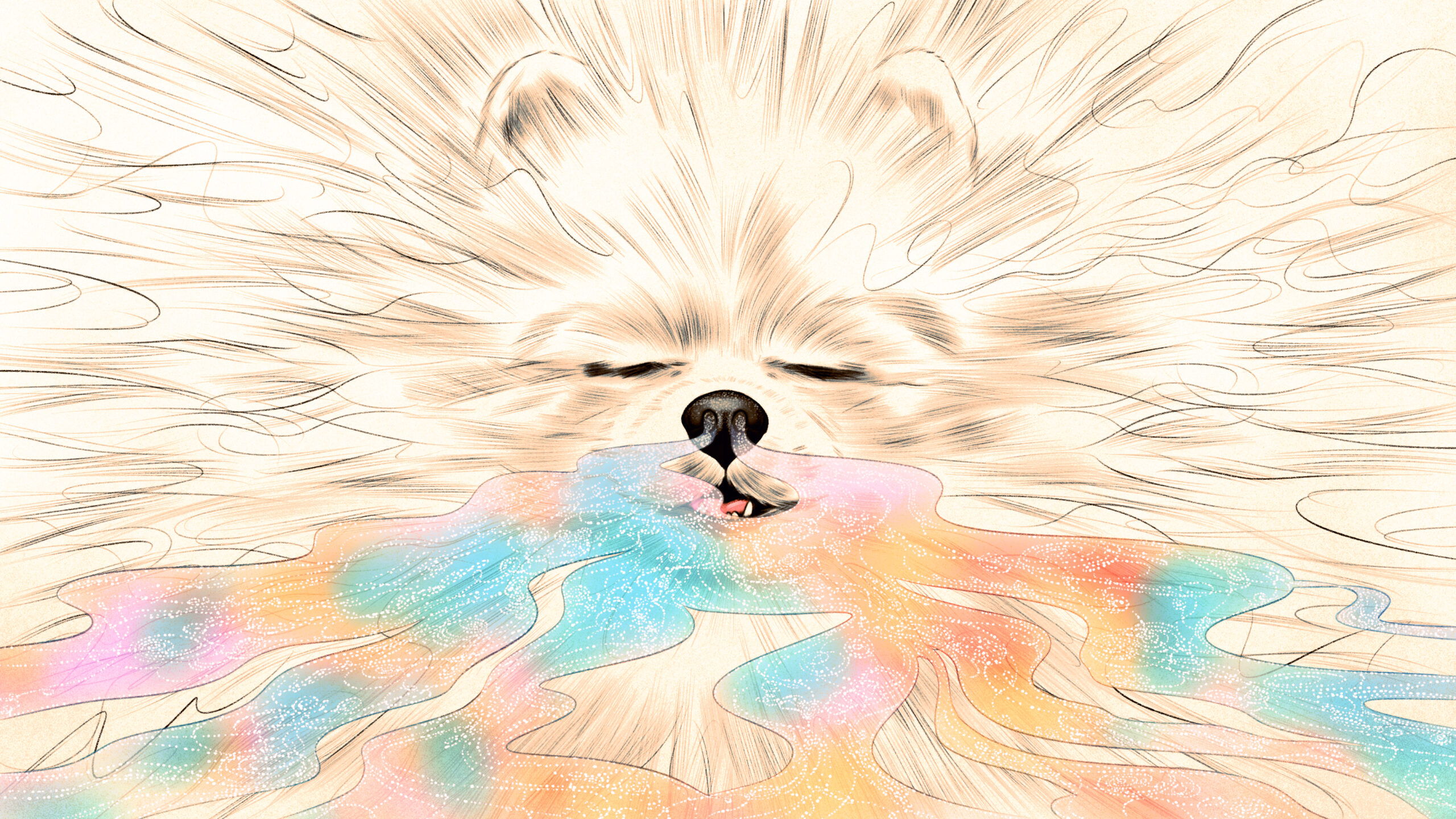 White dog inhaling colorful waves that represent smells. Illustrated.