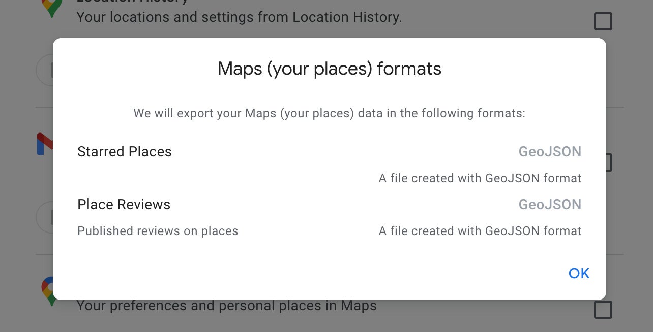 The file format options for exporting Google Maps data via Google's Takeout tool.