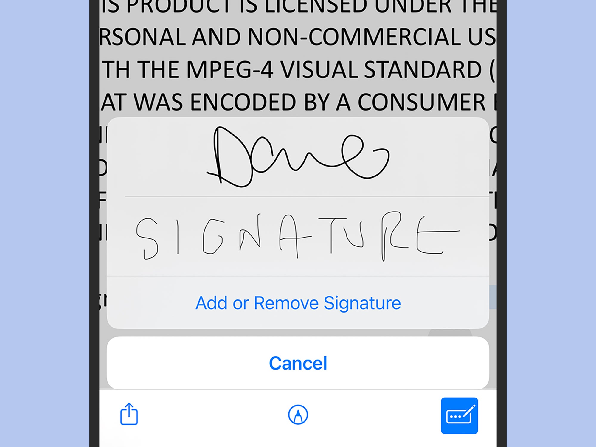 A person signing a PDF document on an iPhone