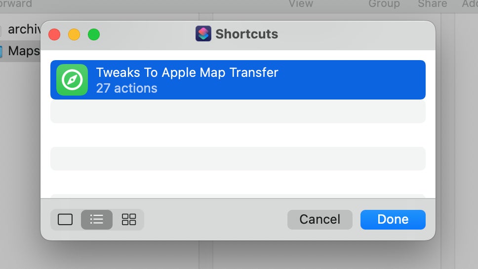The Tweaks to Apple Map Transfer shortcut for importing Google Maps data to Apple Maps.