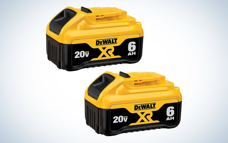 Two DeWalt tool batteries on a blue and white background.