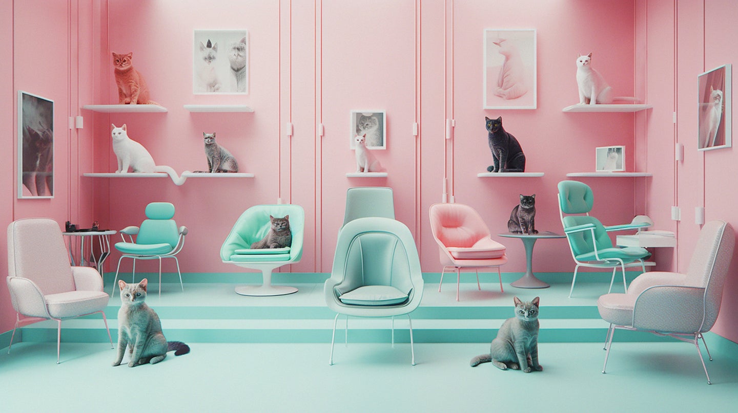 pastel-colored room with many chairs and many cats perched around the room on chairs and shelves.