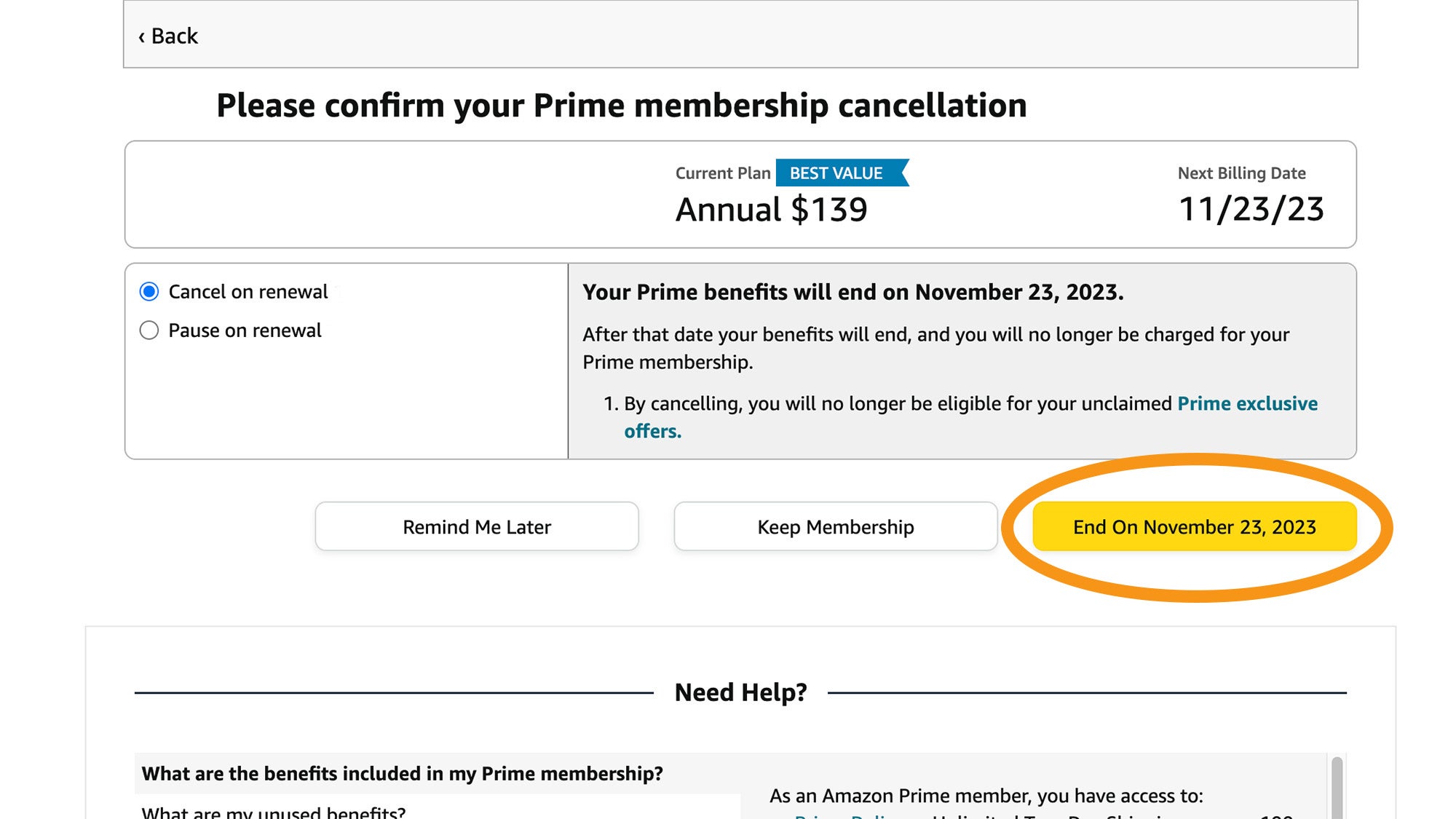 Amazon Prime cancellation settings