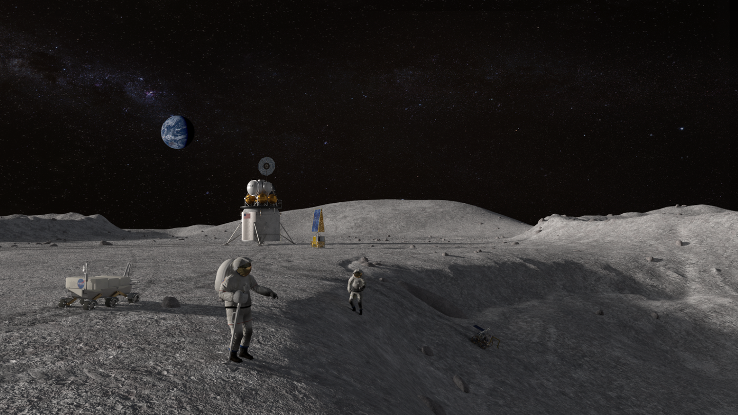 An illustration of two NASA astronauts in a lunar crater.