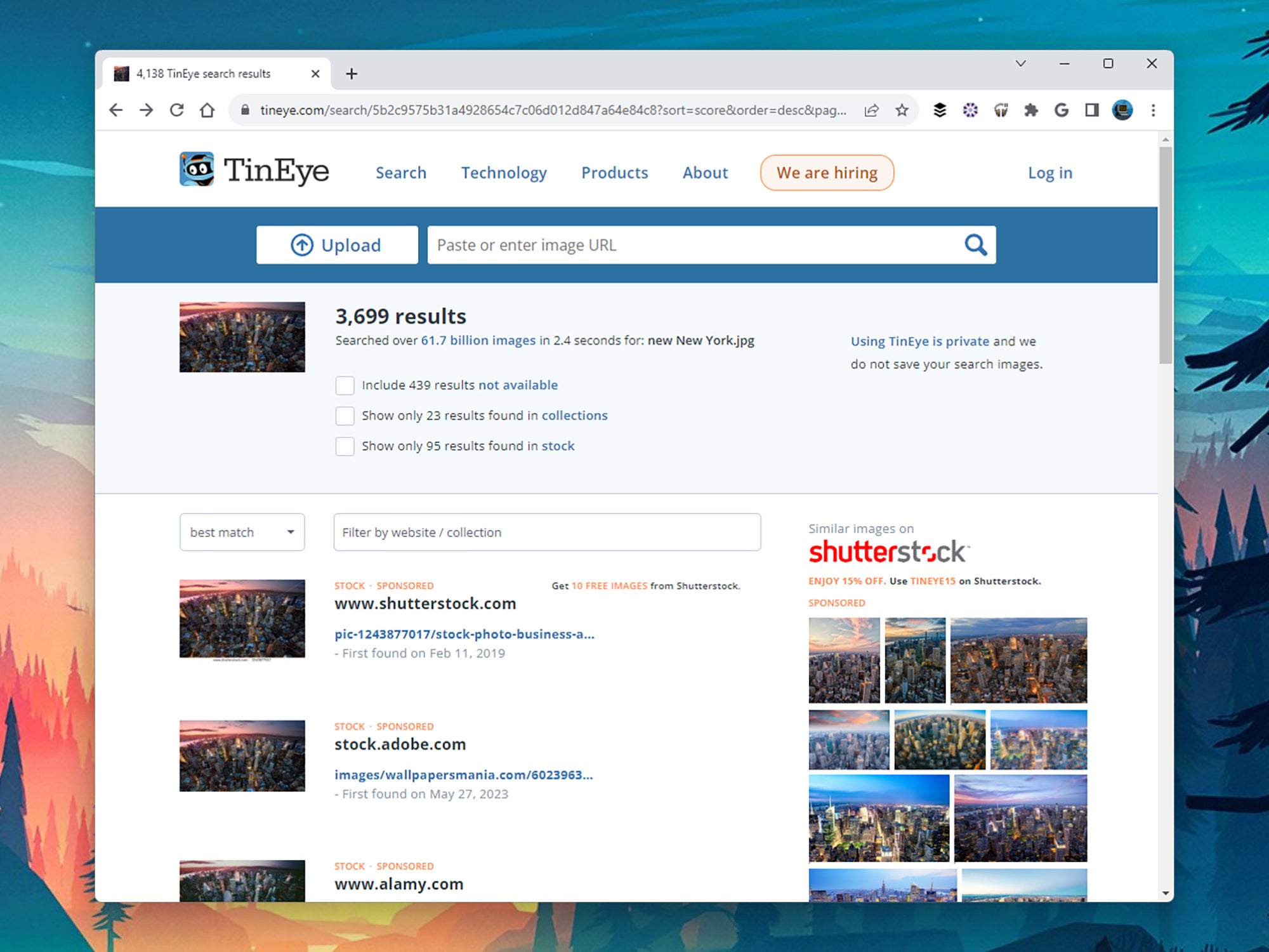 Tineye reverse search results page