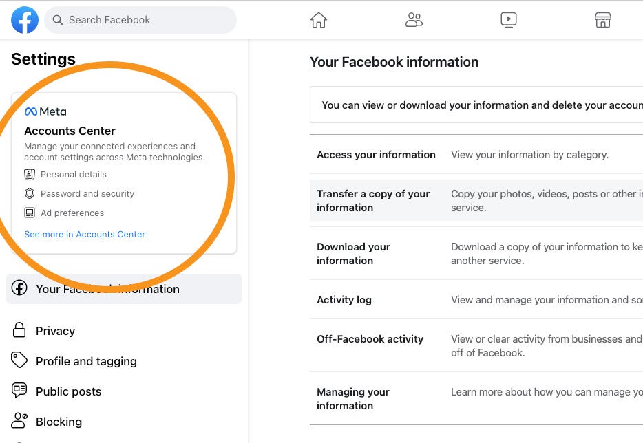 Настройки Facebook, показывающие, где найти Центр мета-аккаунтов, чтобы удалить свою учетную запись Facebook.