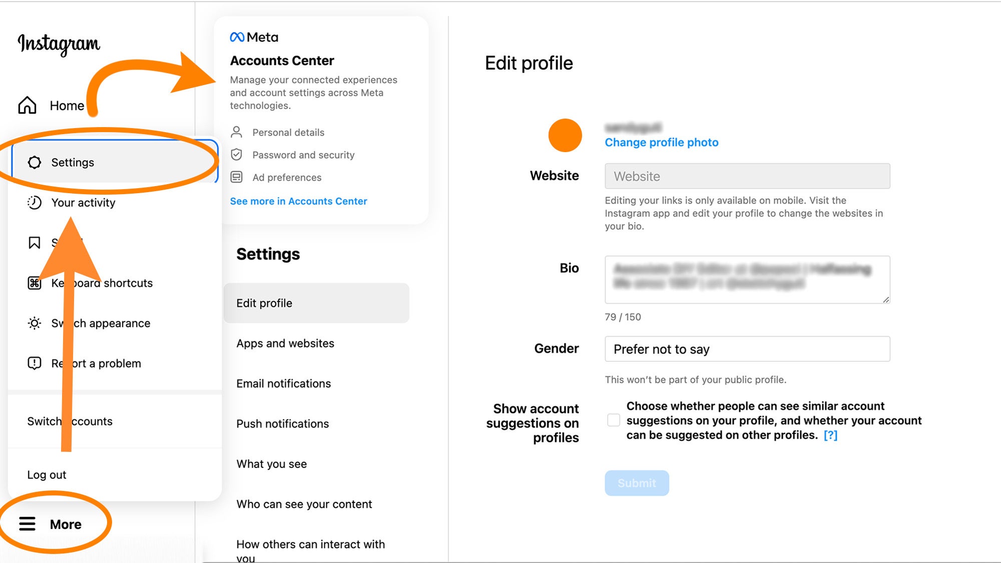 The Instagram settings interface on the web, showing how to find the Meta Accounts Center to delete or deactivate your Instagram account.