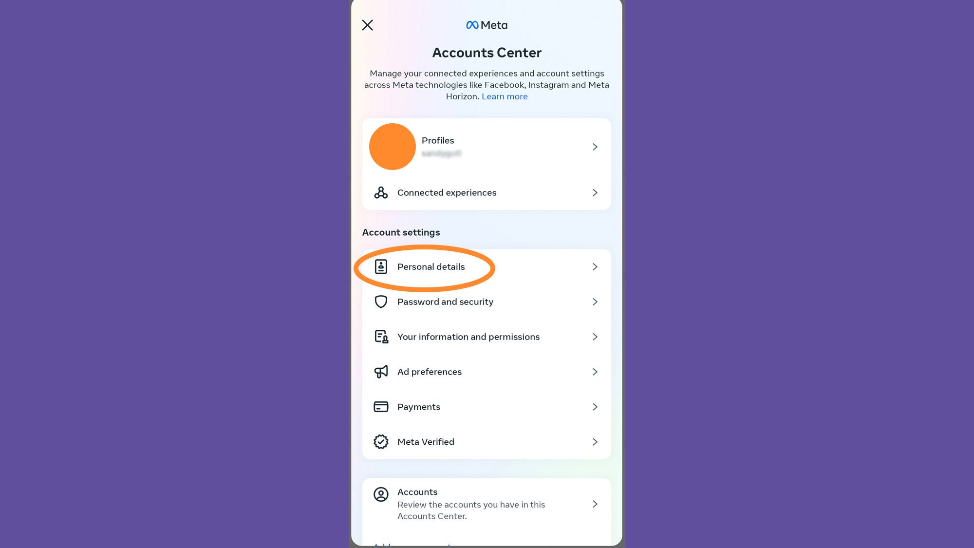 The Instagram app showing where to find your personal details, to start the process of deactivating or deleting your Instagram account.
