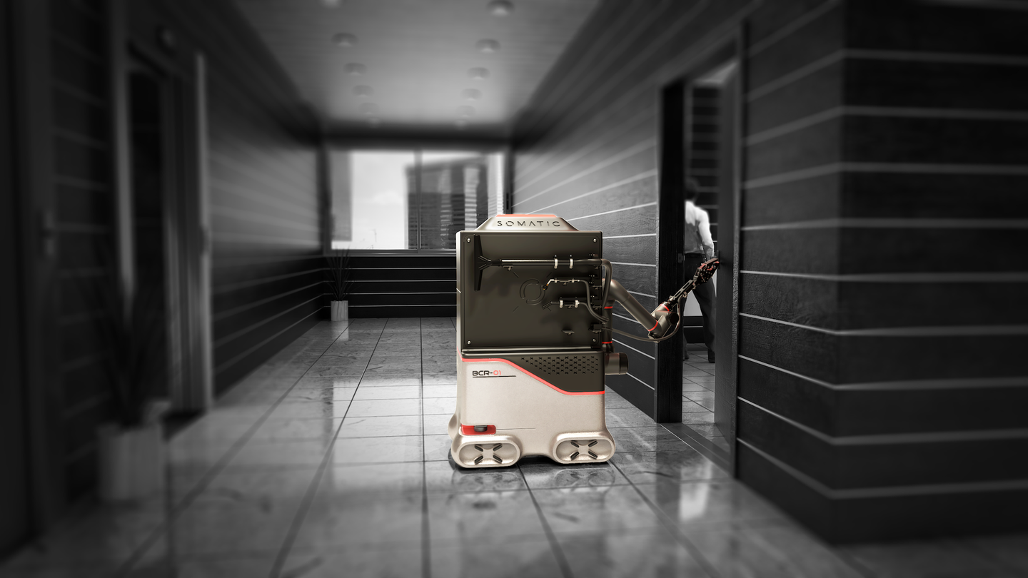 Artist rendering of Somatic bathroom cleaning robot entering restroom