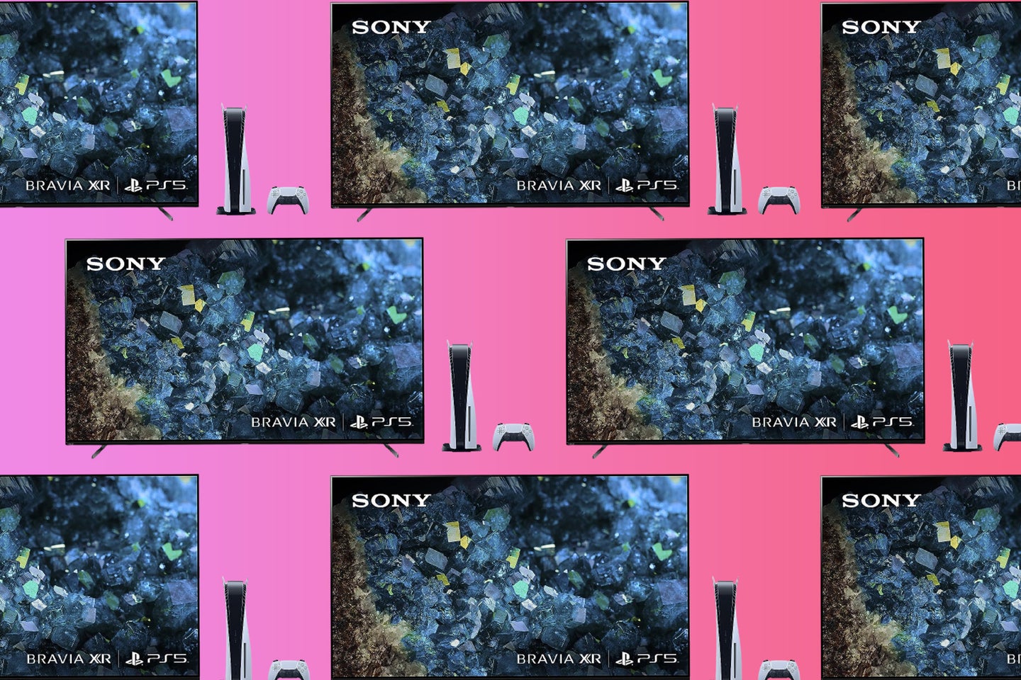 A PS5 and Sony Television bundle on a pink gradient background