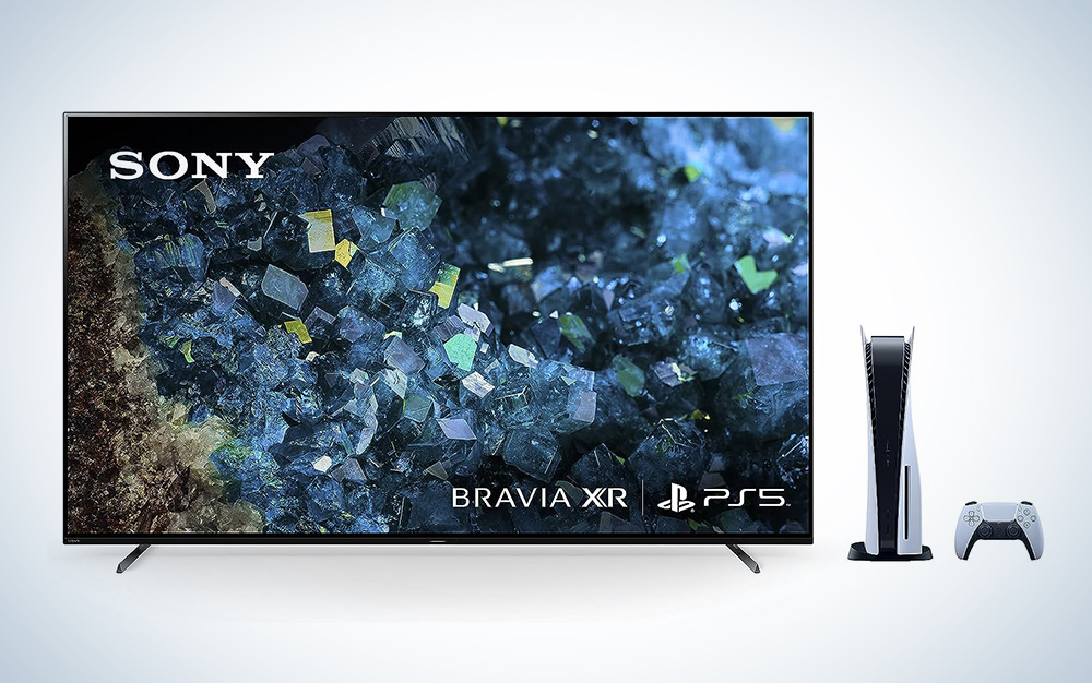 A Sony TV and a PS5 bundled on a blue and white background
