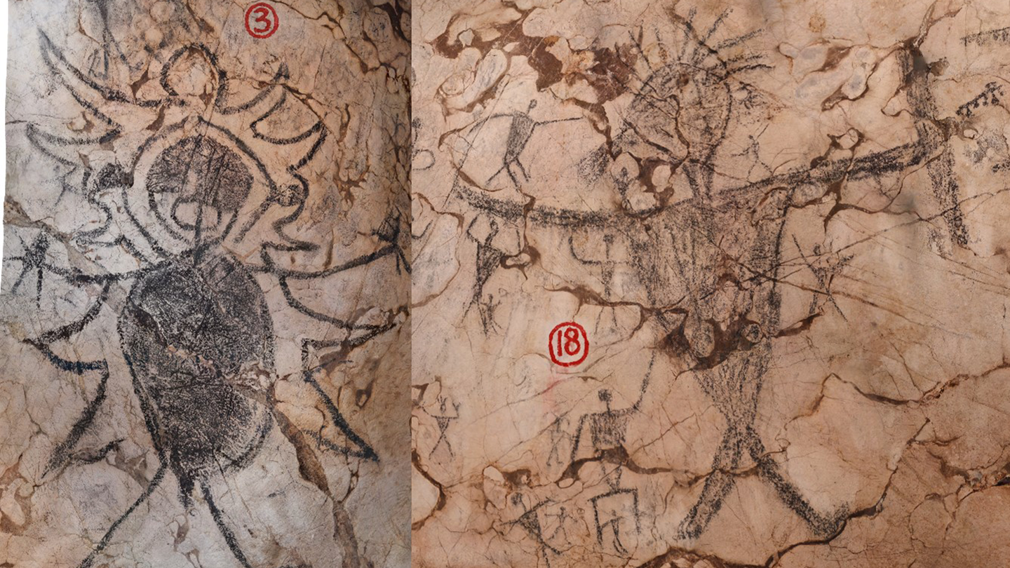 This Gua Sireh Cave art was drawn with charcoal on limestone save walls and is dated between 1670 to 1830 CE. Two geometric figures, with one prominently wielding a weapon are featured.