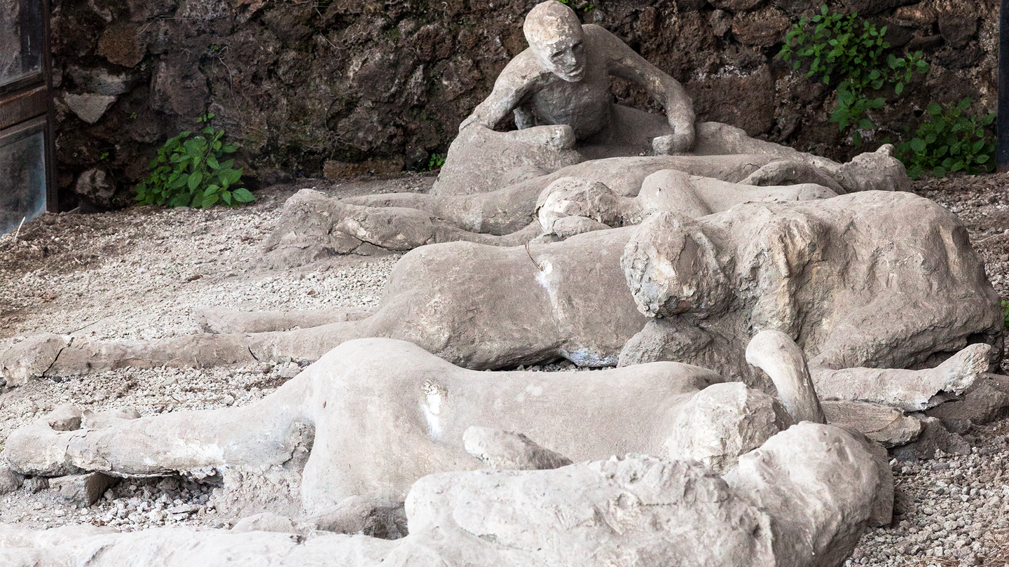 Plaster casts of the remains of Pompeii's victims. In the Nineteenth Century, archaeologist Giuseppe Fiorelli developed a technique using plaster to study the remains of the victims of Mount Vesuvius’ furious eruption.