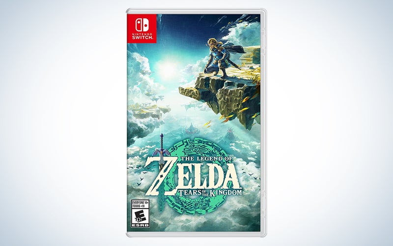 A copy of The Legend of Zelda: Tears of the Kingdom on a blue and white background