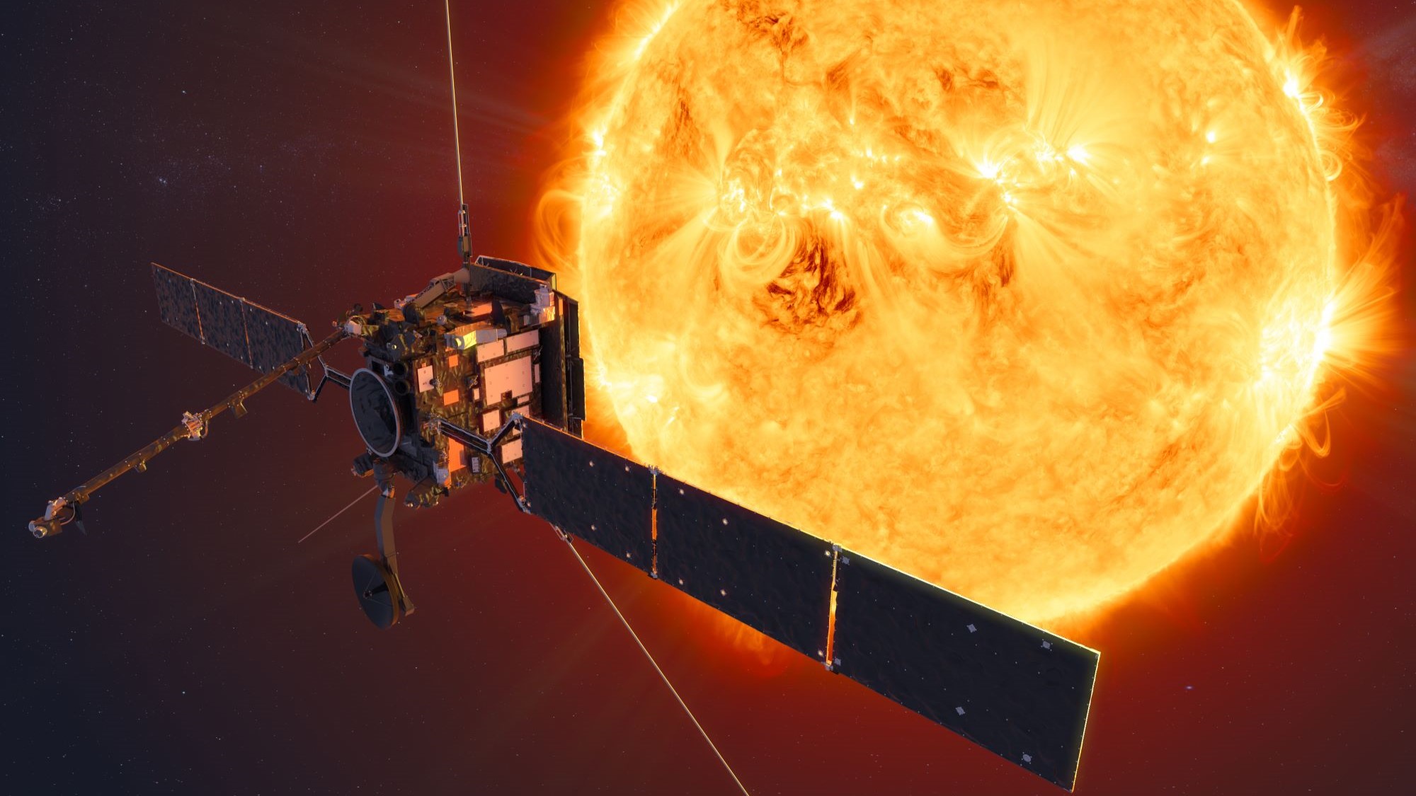 An illustration of the ESA Solar Orbiter craft monitoring our giant orange sun.