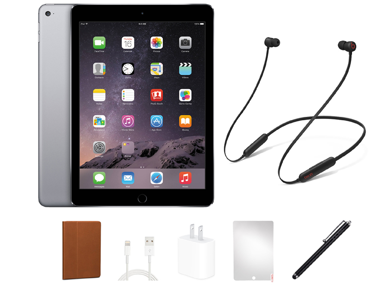 An iPad Air and beats wireless headphones on a white background