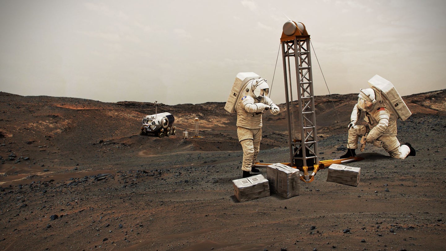 A NASA illustration of two astronauts in white spacesuits drilling into red Martian dirt.