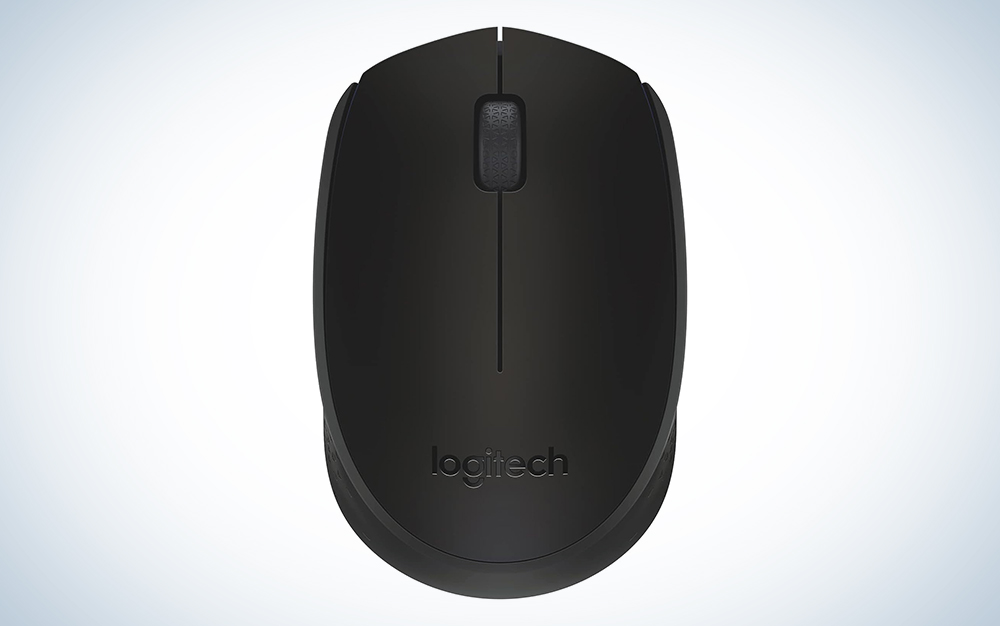 A M170 black Logitech mouse on a blue and white background