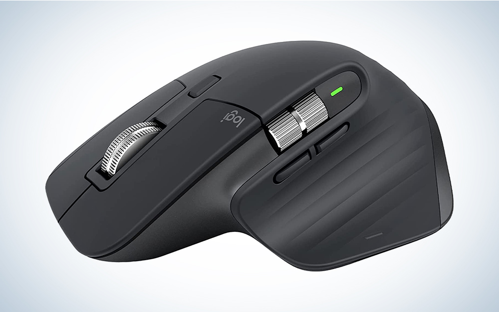 A black MX Master 3S Logitech mouse on a blue and white background